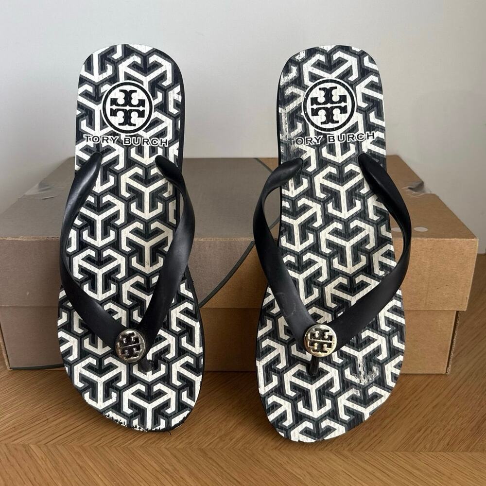 Tory Burch Black/White Women Flip Flops Slides- SZ 6